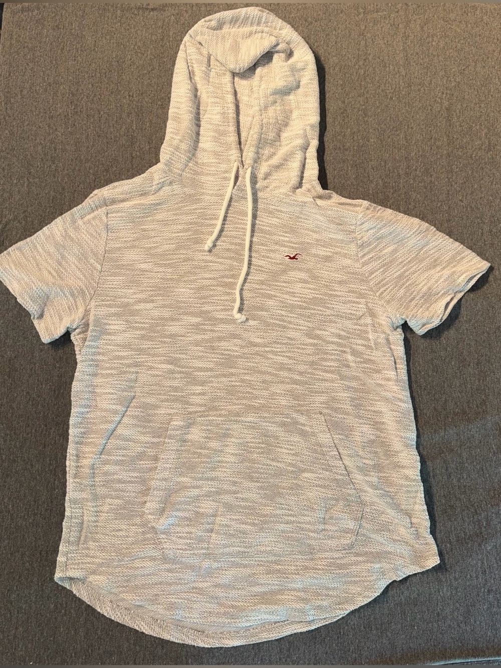 Hollister Short-Sleeve Hooded Tee in Heather Light Gray with Red Logo